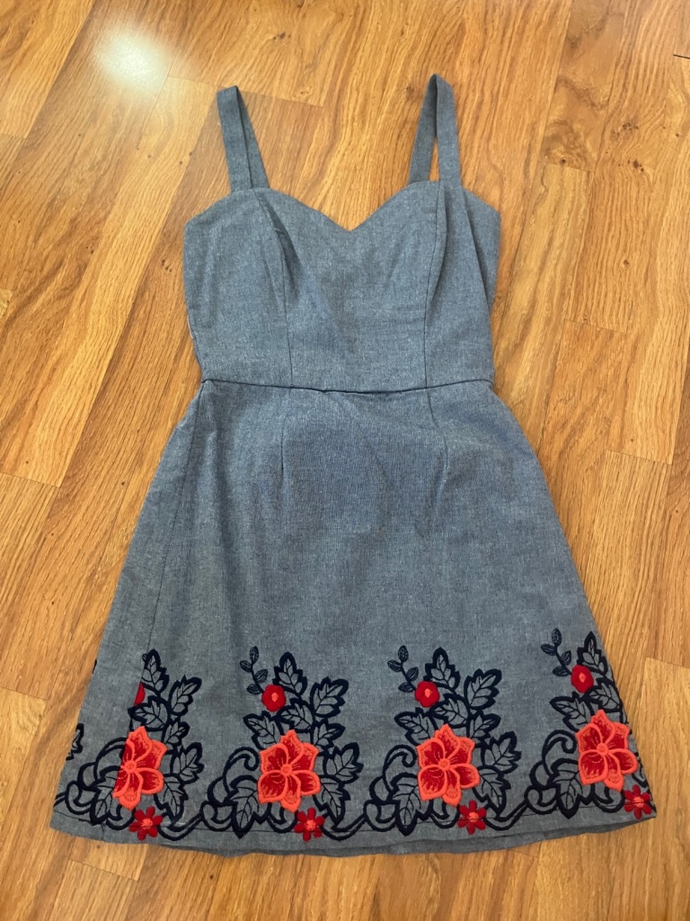 Blue Floral Embroidered A-Line Dress